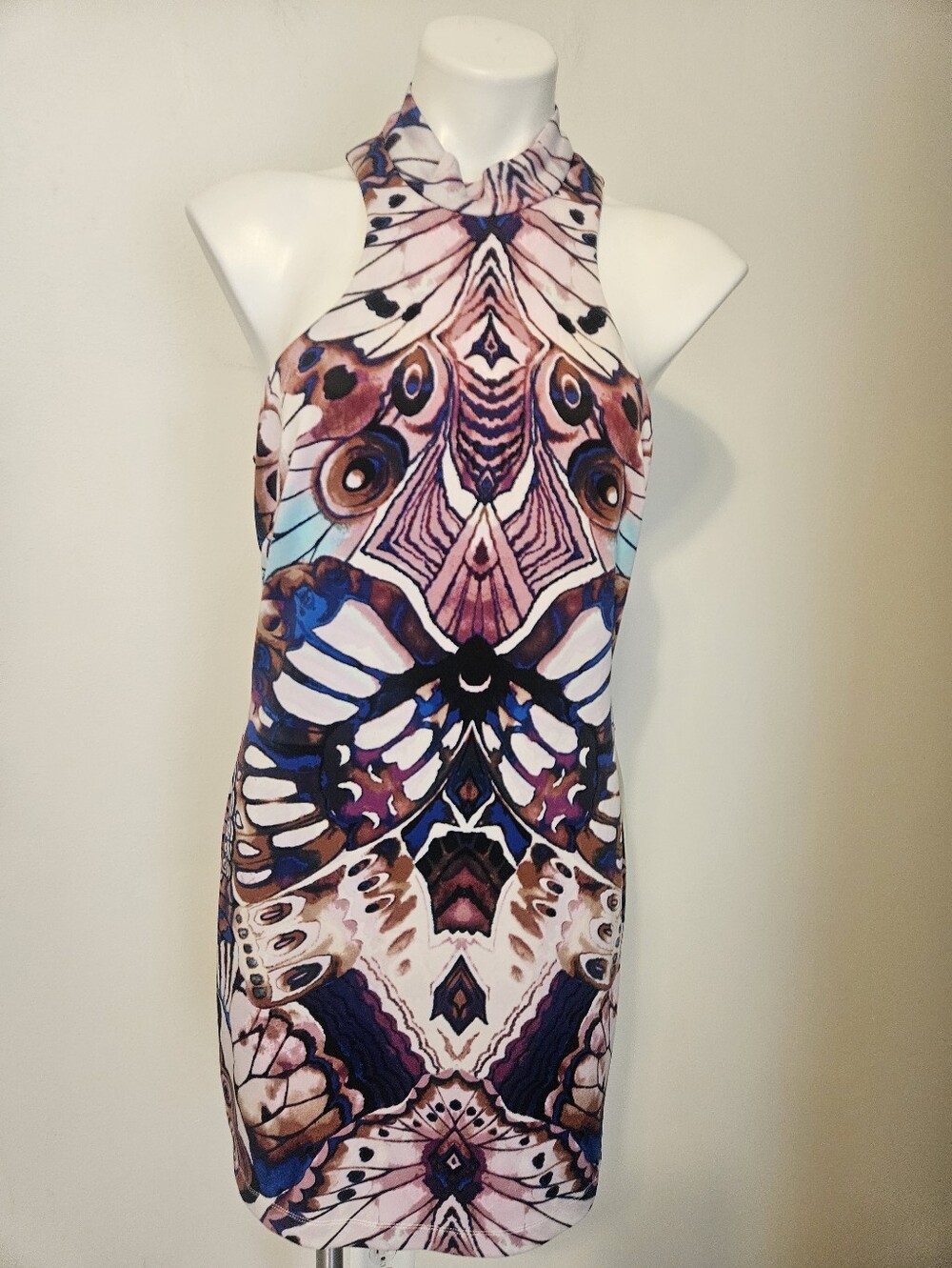Bebe Halter Mock Neck Kaleidoscope Butterfly Print Mini Dress NWT